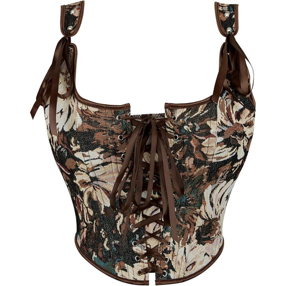 Women Vintage Lace-Up Corset Top Floral Jacquard Bustier Shapewear Crop